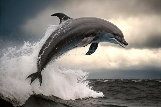  a dolphin jumping out of the water on a wave in the ocean with a cloudy sky in the background and a wave in the foreground with a splashing wave in the water,.