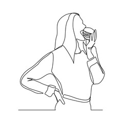 Continuous single one line drawing art of hungry woman eat cheese beef burger junk food. Vector illustration of fast food.
