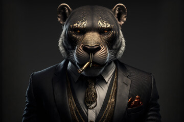 Gangster Leopard in a black three-piece suit and smoking golden cigar attitude mode and wearing a golden chain. Generative AI