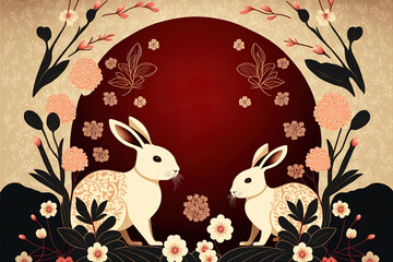 Chinese new year, year of the rabbit banner template design with rabbits and flowers background. Generative AI