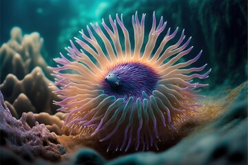 Naklejka na ściany i meble an underwater sea anemone with a blue center surrounded by corals and other corals on the ocean floor, with a blue background of blue water and white and green algae,.