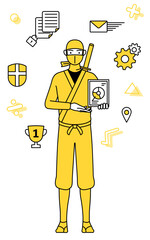 DXのイメージ、デジタル技術を利用して業務改善を行う忍者のコスプレをした男性