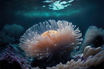 Naklejka na ściany i meble an orange and white sea anemone in the ocean with a blue background and a light blue sky above it, with a light blue water and white bubbles in the background, and a.