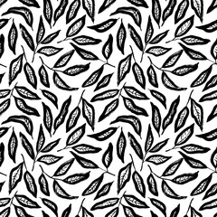 Abstract leaves with veins seamless pattern. Brush drawn black branches. Vector foliage silhouettes. Botanical seamless background. Eucalyptus or basil leaves. Olive branches modern ornament.