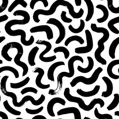 Brush drawn curved lines seamless pattern. Memphis style hand drawn background. Biological grunge squiggle lines, structure of natural cells. Chaotic vector black and white decorative texture.