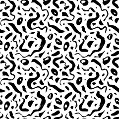 Doodle curved brush strokes with splotches seamless pattern. Hand drawn vector organic ornament. Simple geometric texture with freehand brush strokes. Messy and scattered black ink dry lines.