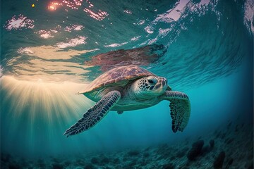 Obraz premium a turtle swimming in the ocean with a sunbeam in the background and a wave coming in from the water's surface, with a light shining on the water surface, and a.
