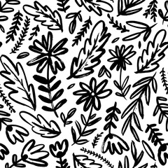 Seamless daisy pattern with plant leaves and branches. Brush drawn wild plants in childish style. Vector meadow flowers and herbs ornament. Hand drawn black and white botanical ornament. 