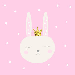 Cute bunny with glitter and crown for cards in flat style