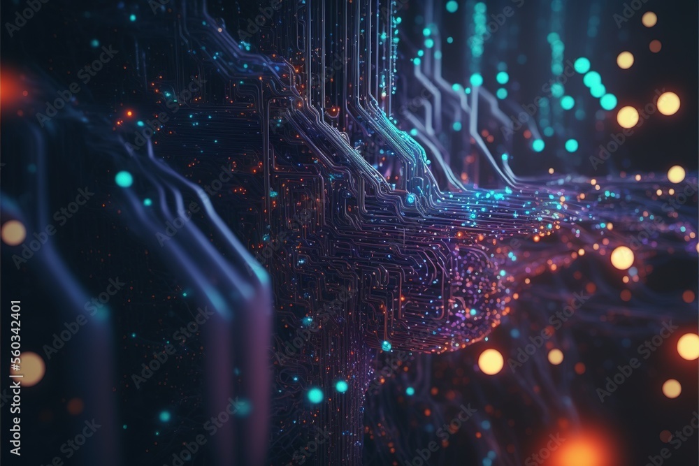 Poster cyber big data flow. blockchain data fields. artificial intelligence data flow. super computer. gene