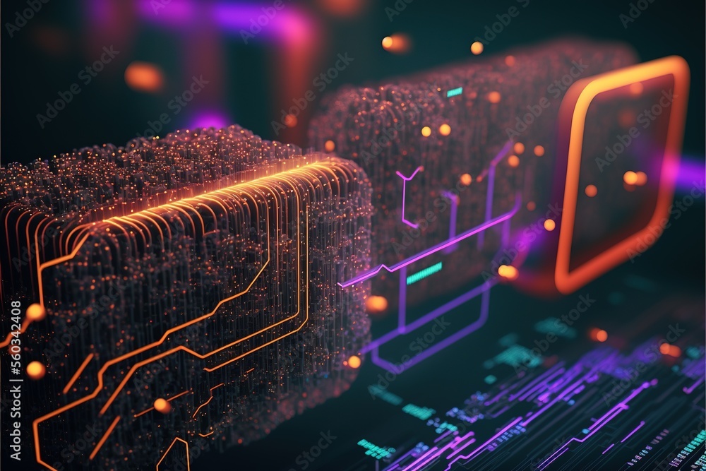 Fototapete cyber big data flow. blockchain data fields. artificial intelligence data flow. super computer. gene