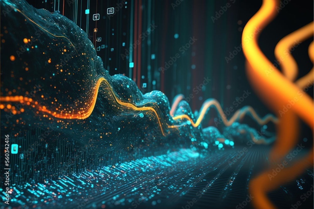Fototapete Cyber big data flow. blockchain data fields. artificial intelligence data flow. super computer. Generative AI