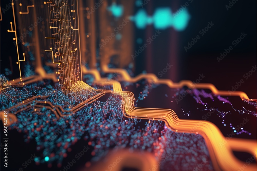 Fototapete cyber big data flow. blockchain data fields. artificial intelligence data flow. super computer. gene