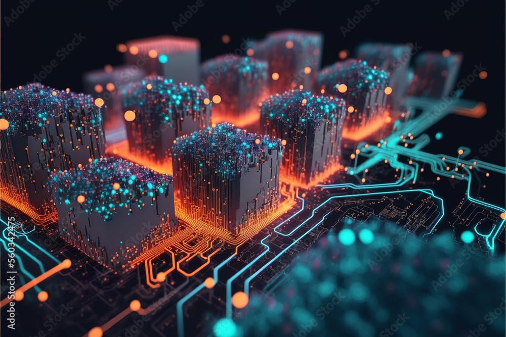 Fototapete cyber big data flow. blockchain data fields. artificial intelligence data flow. super computer. gene