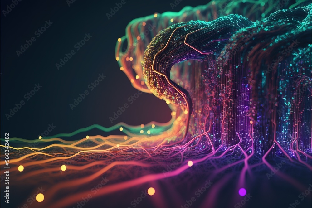 Fototapete cyber big data flow. blockchain data fields. artificial intelligence data flow. super computer. gene