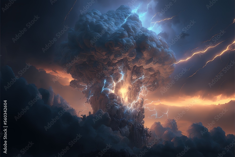 Poster dark clouds with thunder and lightning. big clouds raining. clouds cyclone. generative ai