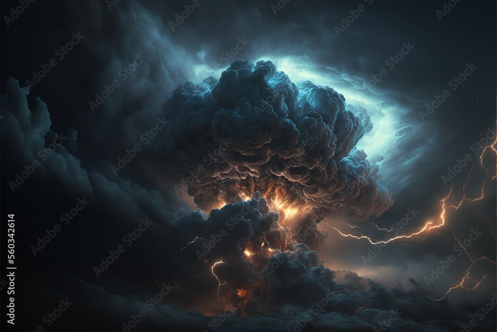 Poster Dark clouds with thunder and lightning. big clouds raining. Clouds cyclone. Generative AI