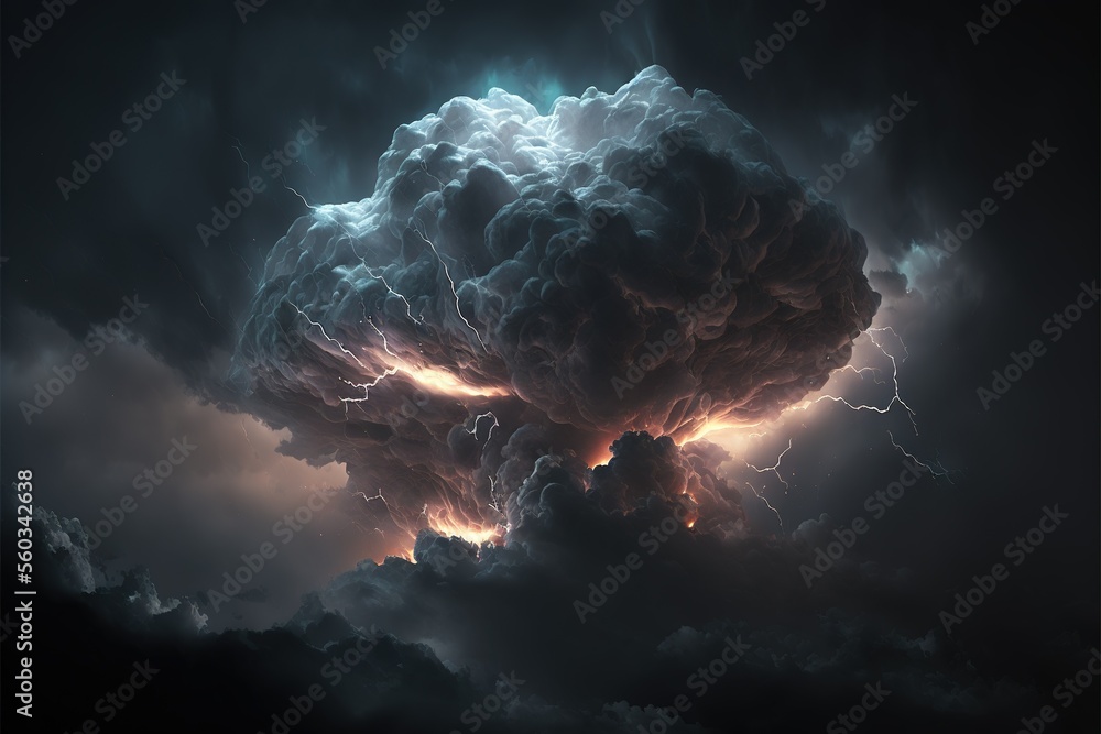 Poster dark clouds with thunder and lightning. big clouds raining. clouds cyclone. generative ai