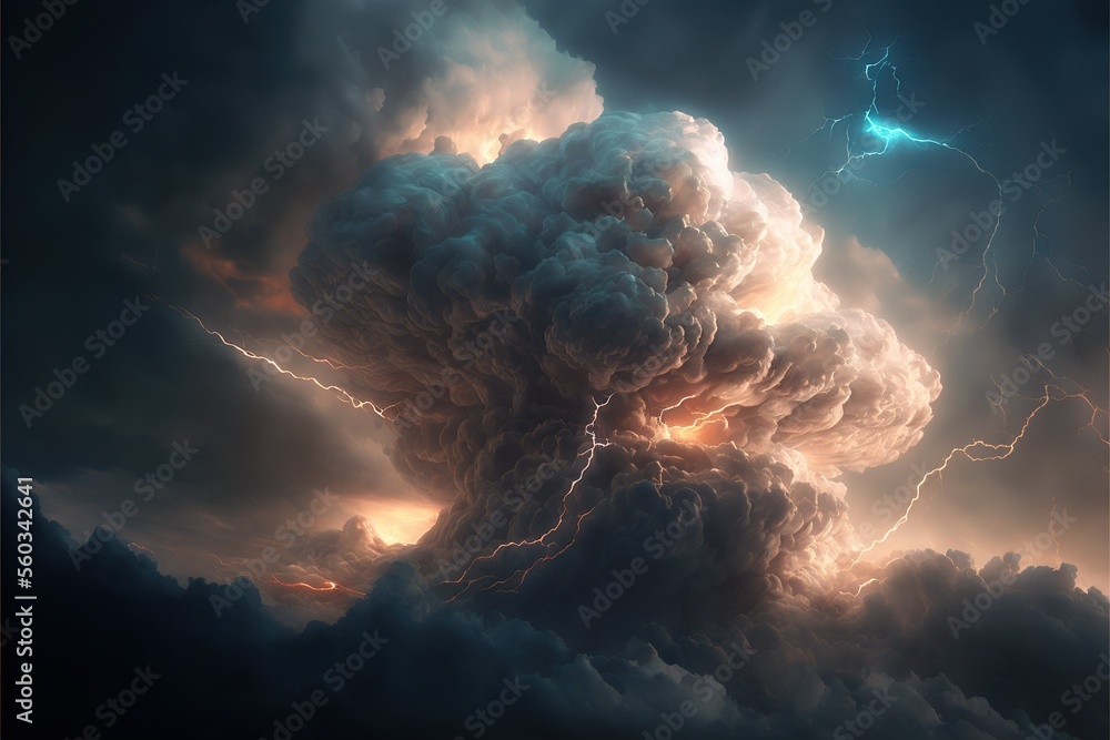 Poster dark clouds with thunder and lightning. big clouds raining. clouds cyclone. generative ai