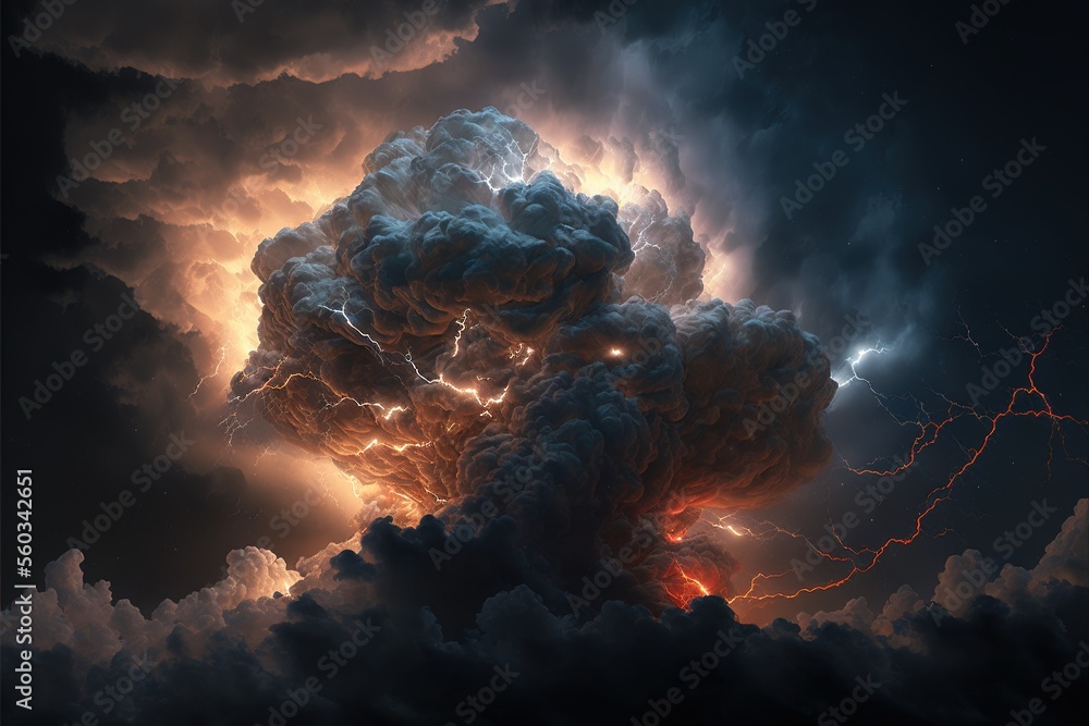 Poster dark clouds with thunder and lightning. big clouds raining. clouds cyclone. generative ai