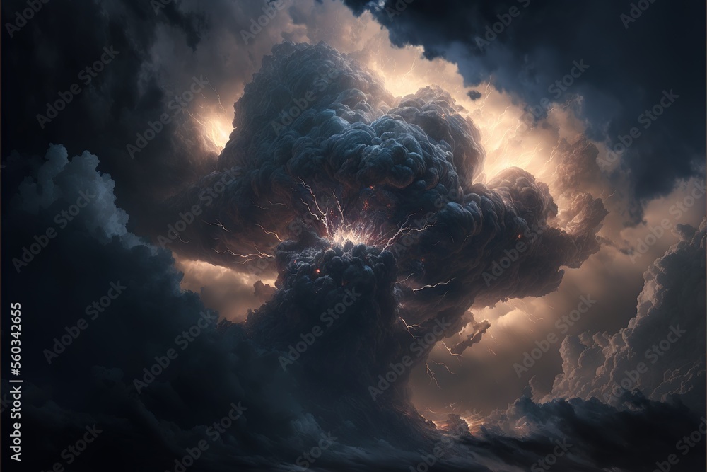 Poster dark clouds with thunder and lightning. big clouds raining. clouds cyclone. generative ai