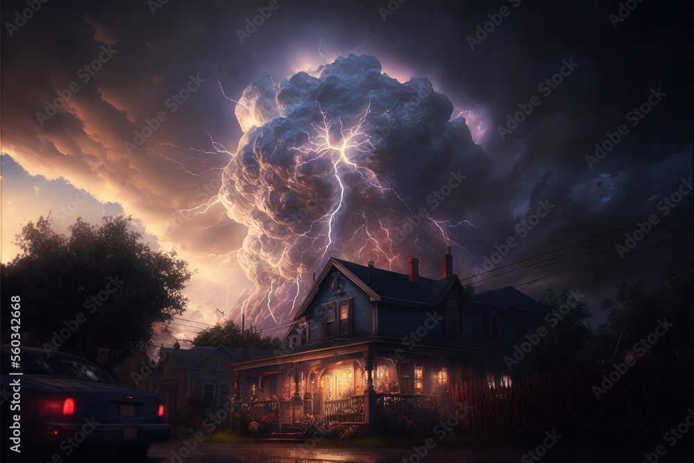 Poster dark clouds with thunder and lightning. big clouds raining. clouds cyclone. generative ai