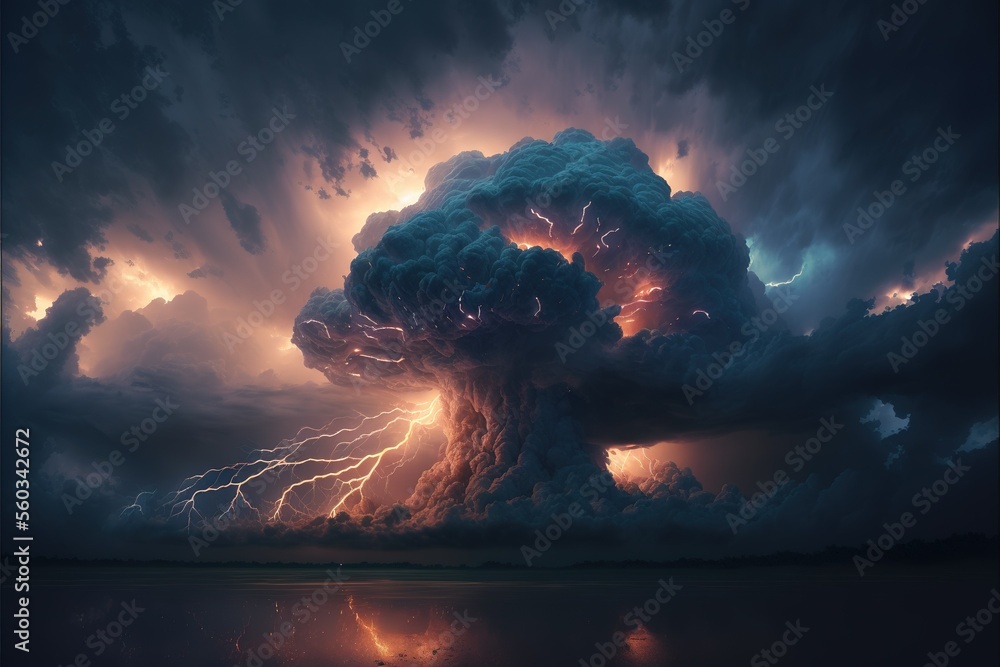 Poster dark clouds with thunder and lightning. big clouds raining. clouds cyclone. generative ai