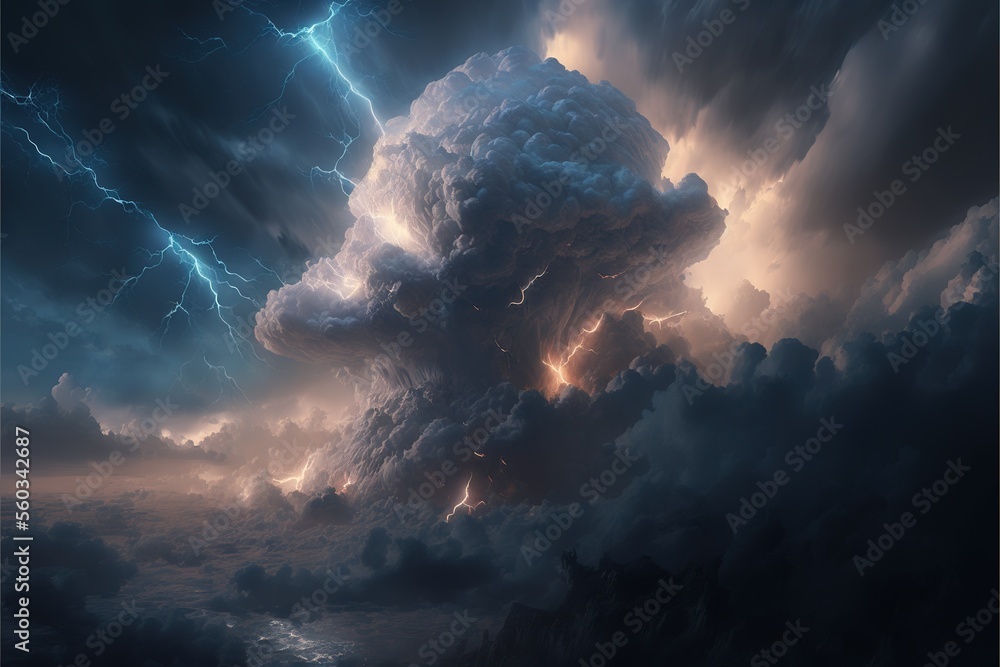 Poster dark clouds with thunder and lightning. big clouds raining. clouds cyclone. generative ai