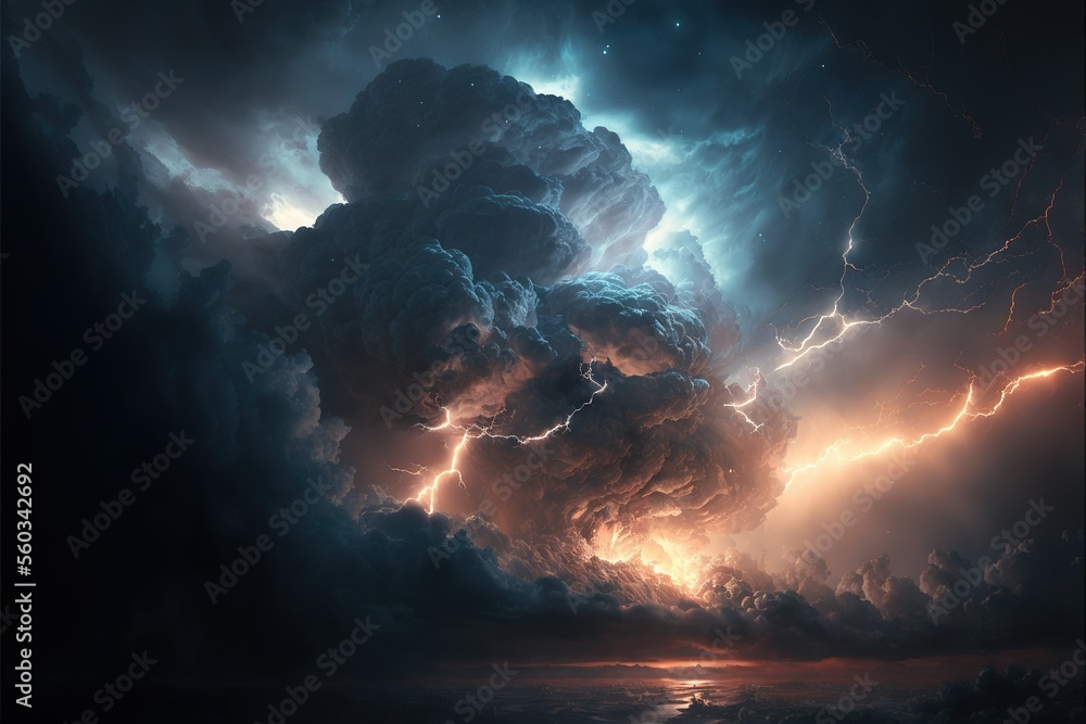 Poster dark clouds with thunder and lightning. big clouds raining. clouds cyclone. generative ai