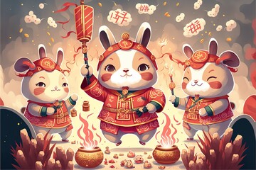 Festive Chinese new year illustration. Cute rabbits are performing traditional lion dancing with firecrackers and smoke around. Generative AI