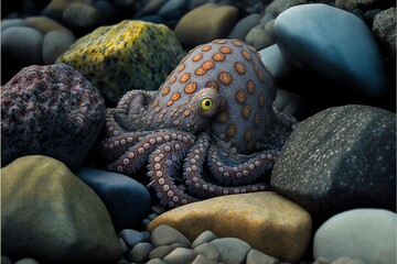  a close up of an octopus on a rocky beach with rocks and gravel in the background and a yellow eye on the octopus's face, with a yellow eye, with a black.