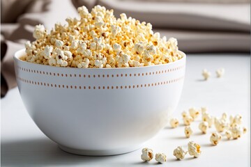  a bowl of popcorn is sitting on a table with scattered popcorn kernels scattered around it and a person is in the background with a blanket on the floor behind the bowl and a white.