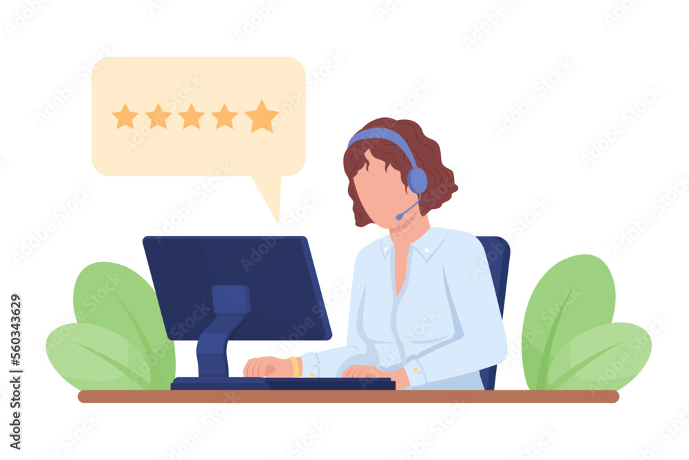 Poster customer service assistant checking feedback semi flat color vector character. editable figure. full