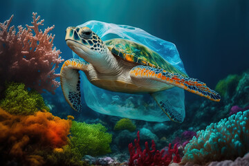 Fototapeta na wymiar Plastic pollution in ocean environmental problem. Turtle eat plastic bags mistaking them for jellyfish. Generative AI