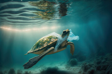 Obraz na płótnie Canvas Plastic pollution in ocean environmental problem. Turtle eat plastic bags mistaking them for jellyfish. Generative AI