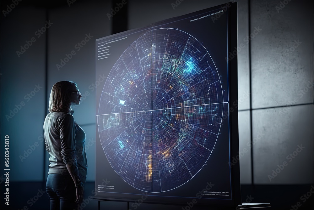 Poster holographic digital screen analysis by a data scientist. business man data science. generative ai