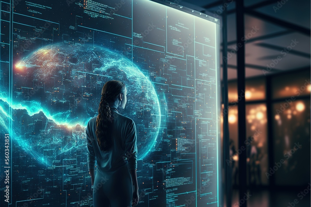 Poster holographic digital screen analysis by a data scientist. business man data science. generative ai