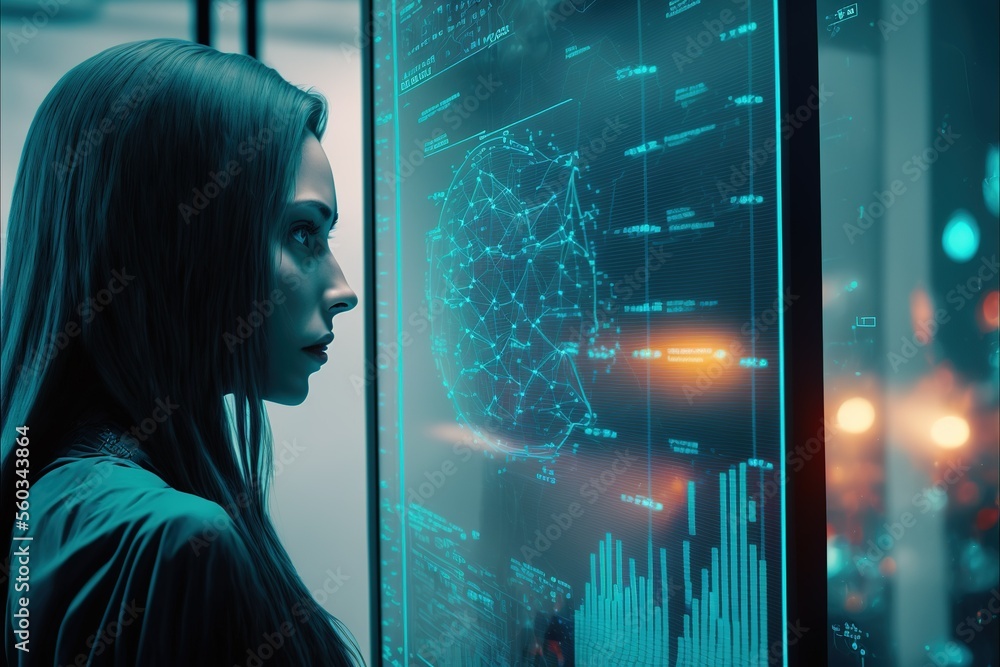 Poster holographic digital screen analysis by a data scientist. business man data science. generative ai
