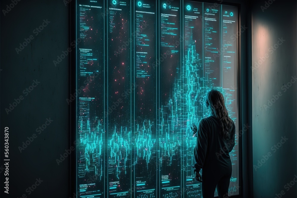 Poster holographic digital screen analysis by a data scientist. business man data science. generative ai