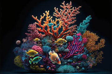  a colorful coral reef with fish and corals on a black background with a black background and a black background with a black background and white border with a blue border with a black border.
