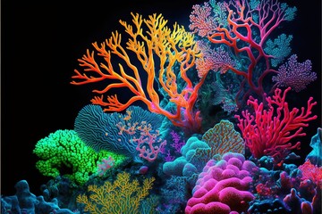  a colorful coral reef with many different colored corals on it's sides and a black background with a black border around it, with a black border, and a black border, and a black border.