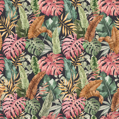 Beautiful seamless pattern with hand drawn watercolor colorful tropical palm leaves. Stock illustration. Wallpapper textile fabric design.