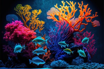Fototapeta na wymiar a colorful coral reef with fish and corals in it's water tank at night time with a black background and a black background with a black border with a black border and a blue border.