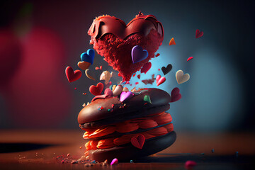 Tasty chocolate burger with candy hearts above for Valentine's Day on the table | Generative AI