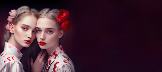 two beautiful young lesbians models in love, kissing, hugging on valentine's day. Dressed in fashionable dresses. Generative AI