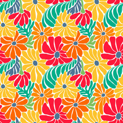 Beautiful old style 50s 70s retro floral seamless pattern with colorful flowers. Stock illustration.