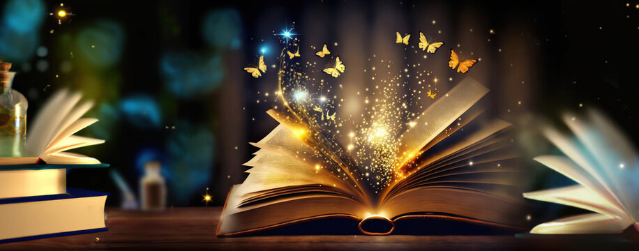 fairytale mystical open book with butterflies and golden sparkles wide banner design for headers with copy space area