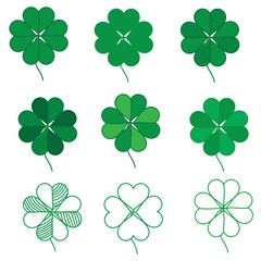 Pattern of green clover leaves for printing, trefoil, four-leaf clover
