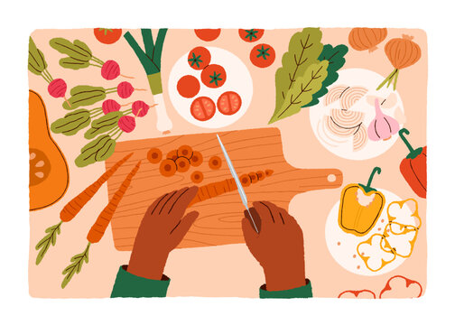 Cooking from vegetables, top view. Hands preparing food, cutting carrot on wooden board, table. Cook process, healthy vitamin salad dish, vegetarian meal from tomato, lettuce. Flat vector illustration