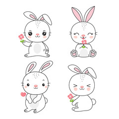 cute cartoon bunny with flower in different poses.